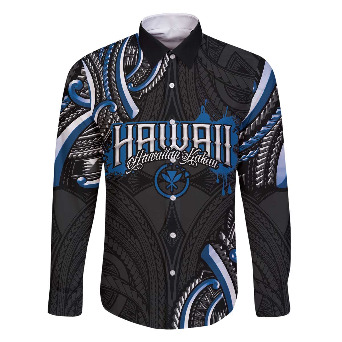 Traditional Art Hawaiian Kakau Tattoos Family Matching Off The Shoulder Long Sleeve Dress and Hawaiian Shirt Blue Color - Polynesian Pride