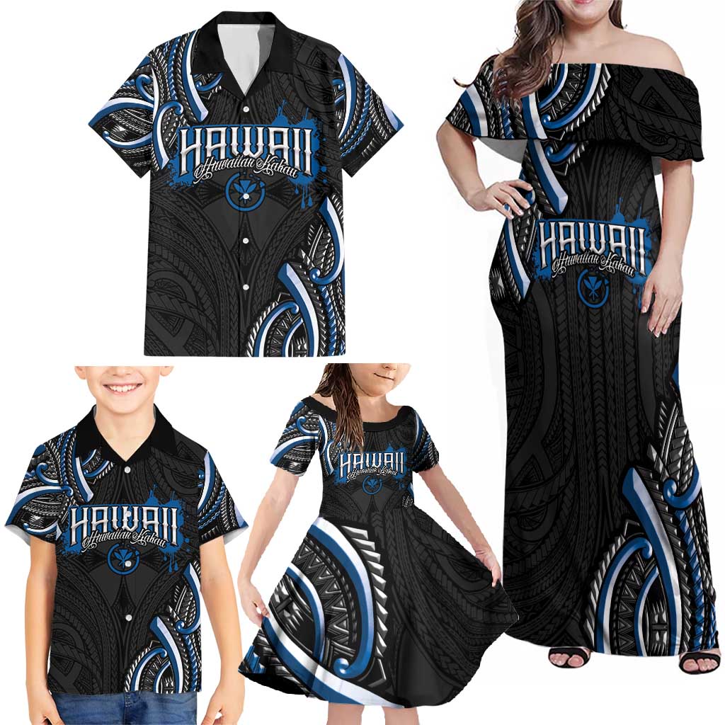 Traditional Art Hawaiian Kakau Tattoos Family Matching Off Shoulder Maxi Dress and Hawaiian Shirt Blue Color - Polynesian Pride