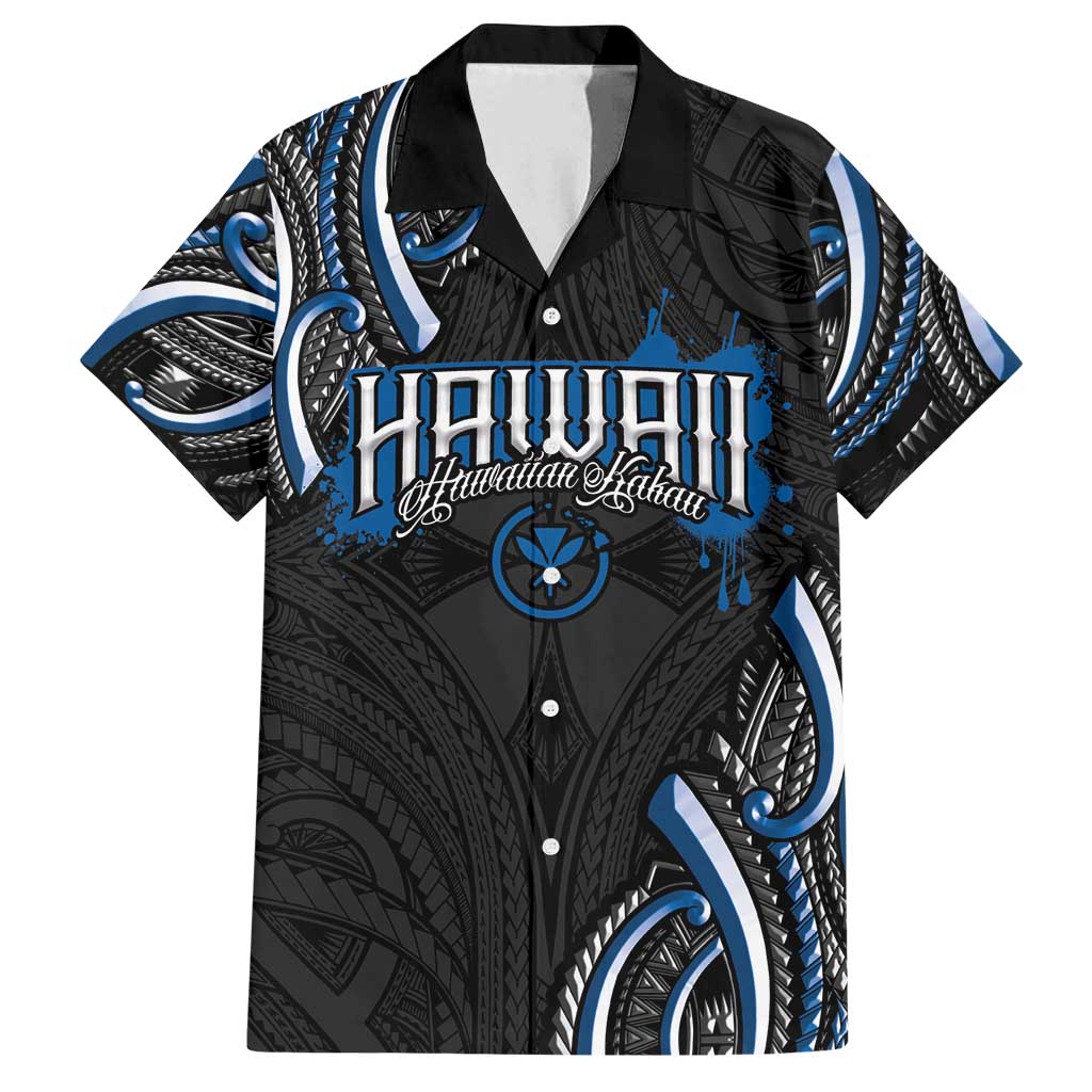 Traditional Art Hawaiian Kakau Tattoos Family Matching Off Shoulder Short Dress and Hawaiian Shirt Blue Color LT03 Dad's Shirt - Short Sleeve Blue - Polynesian Pride
