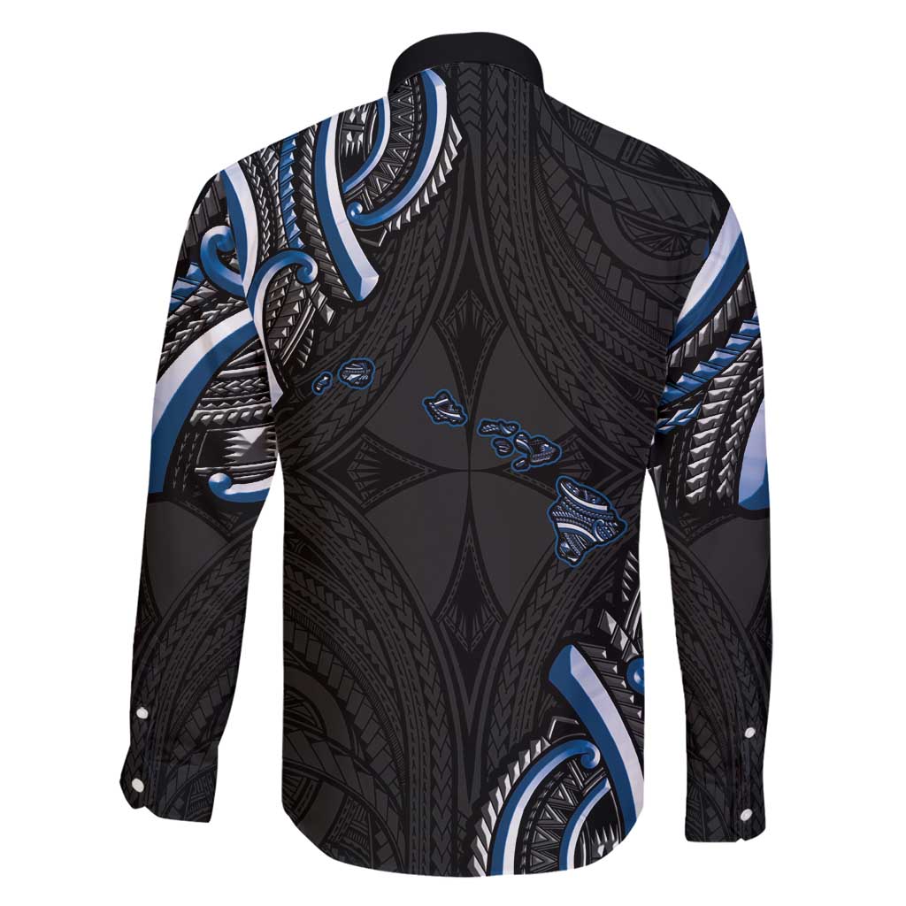 Traditional Art Hawaiian Kakau Tattoos Family Matching Off Shoulder Short Dress and Hawaiian Shirt Blue Color LT03 - Polynesian Pride