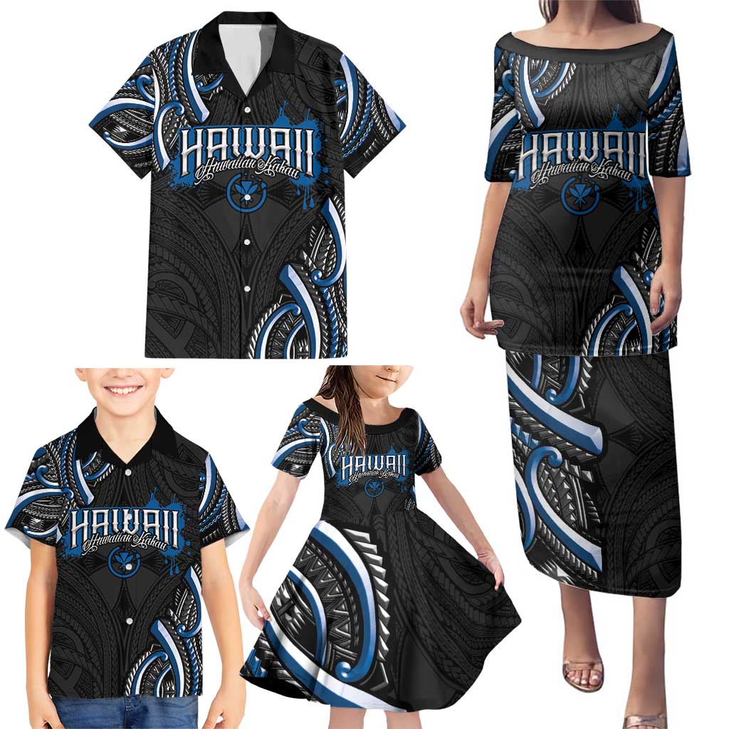 Traditional Art Hawaiian Kakau Tattoos Family Matching Puletasi and Hawaiian Shirt Blue Color - Polynesian Pride
