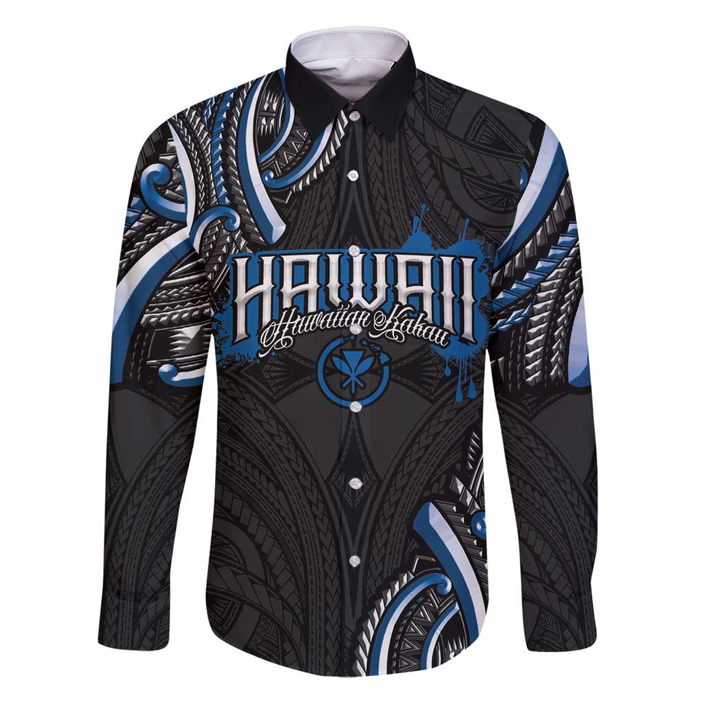 Traditional Art Hawaiian Kakau Tattoos Family Matching Summer Maxi Dress and Hawaiian Shirt Blue Color LT03 Dad's Shirt - Long Sleeve Blue - Polynesian Pride