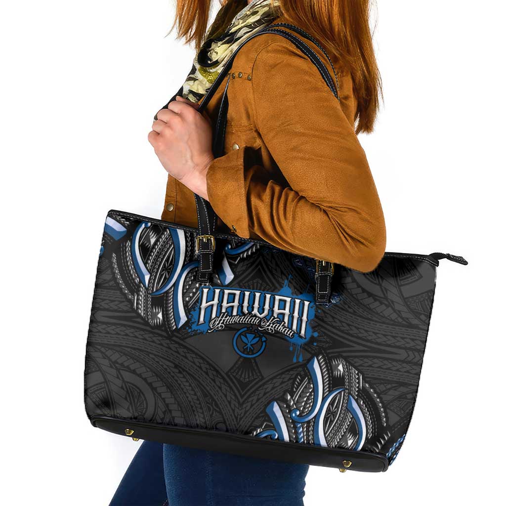 Traditional Art Hawaiian Kakau Tattoos Leather Tote Bag Blue Color - Polynesian Pride