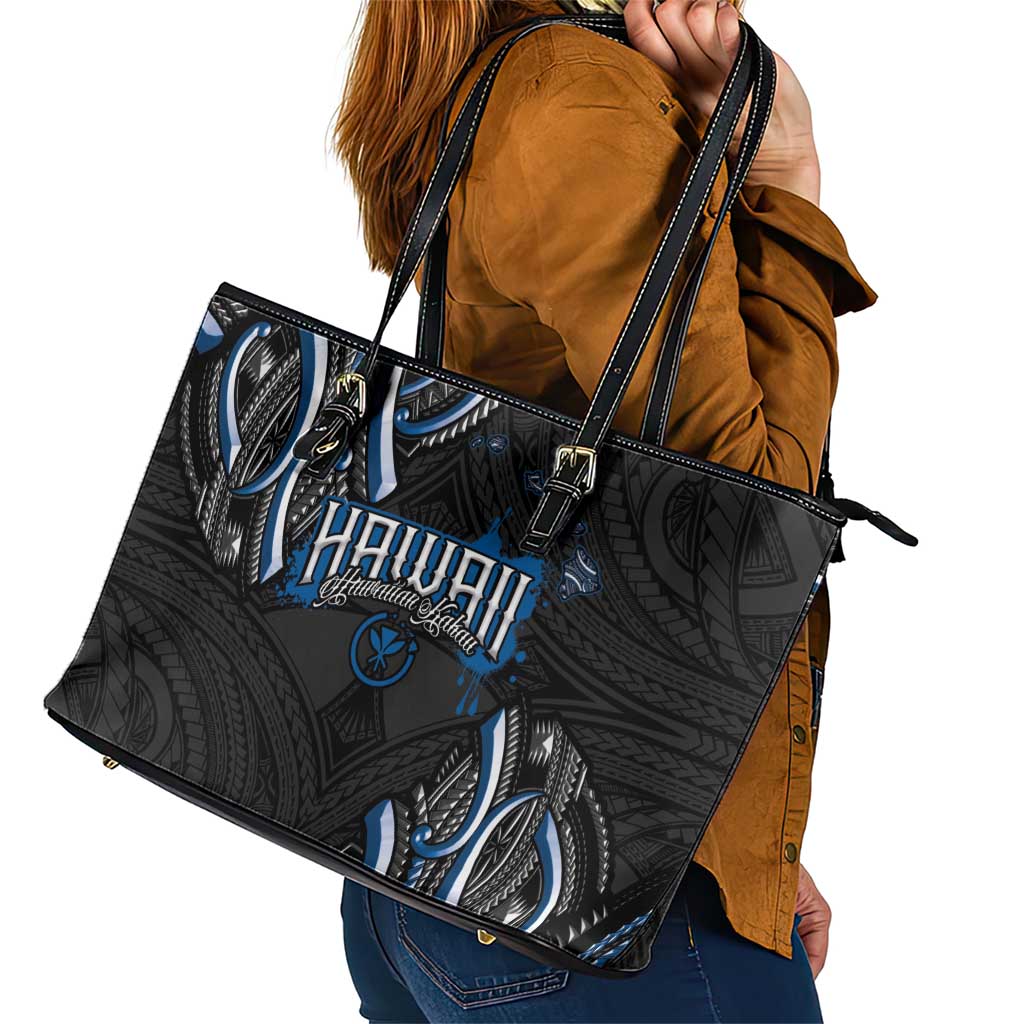 Traditional Art Hawaiian Kakau Tattoos Leather Tote Bag Blue Color - Polynesian Pride