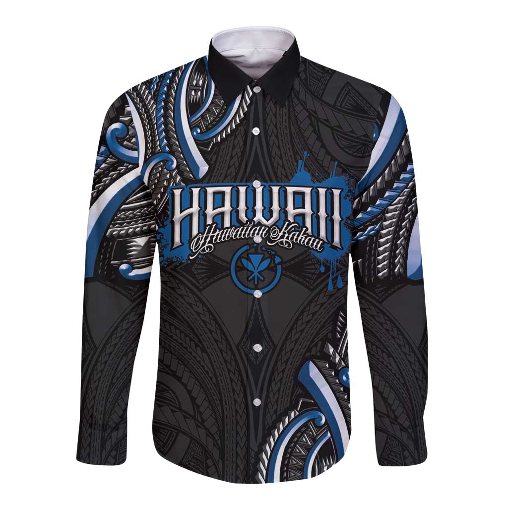 Traditional Art Hawaiian Kakau Tattoos Long Sleeve Button Shirt Blue Color LT03 Unisex Blue - Polynesian Pride