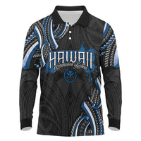Traditional Art Hawaiian Kakau Tattoos Long Sleeve Polo Shirt Blue Color - Polynesian Pride
