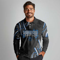 Traditional Art Hawaiian Kakau Tattoos Long Sleeve Polo Shirt Blue Color - Polynesian Pride