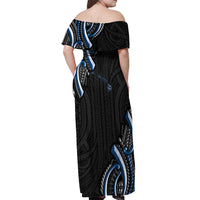 Traditional Art Hawaiian Kakau Tattoos Off Shoulder Maxi Dress Blue Color - Polynesian Pride