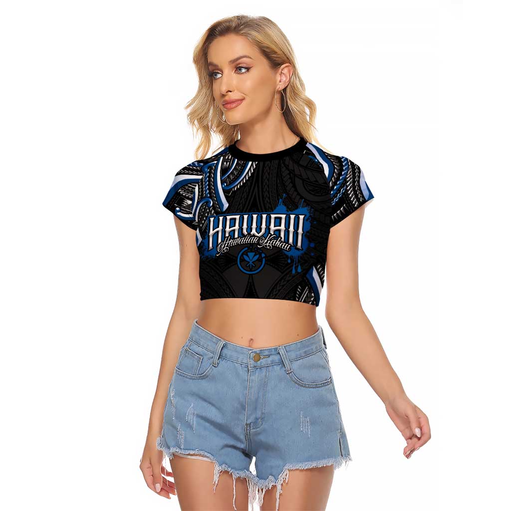 Traditional Art Hawaiian Kakau Tattoos Raglan Cropped T Shirt Blue Color LT03 Female Blue - Polynesian Pride