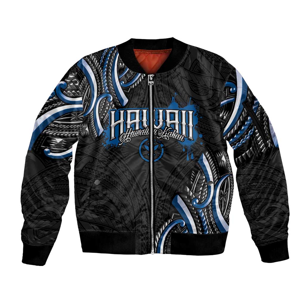 Traditional Art Hawaiian Kakau Tattoos Sleeve Zip Bomber Jacket Blue Color LT03 Unisex Blue - Polynesian Pride