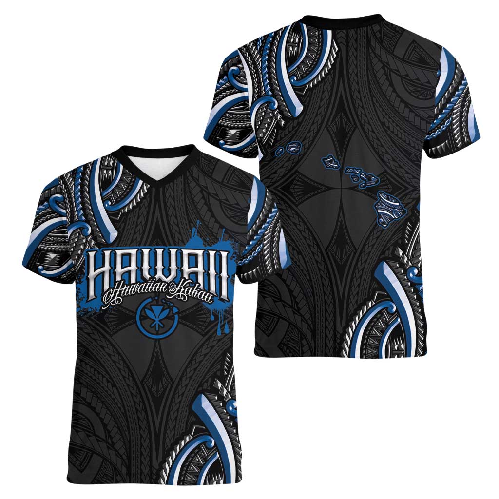 Traditional Art Hawaiian Kakau Tattoos Women V-Neck T-Shirt Blue Color - Polynesian Pride