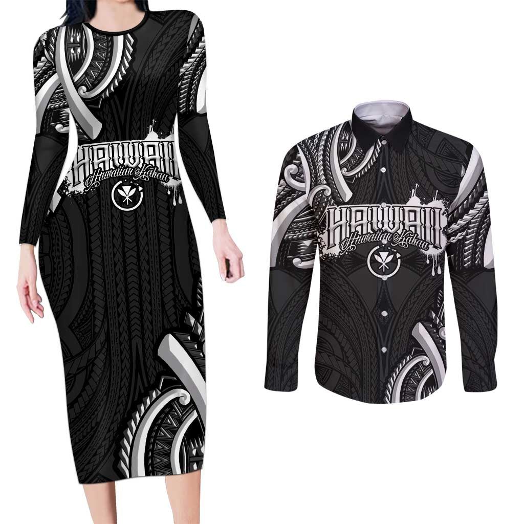 Traditional Art Hawaiian Kakau Tattoos Couples Matching Long Sleeve Bodycon Dress and Long Sleeve Button Shirt White LT03 White - Polynesian Pride