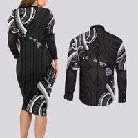 Traditional Art Hawaiian Kakau Tattoos Couples Matching Long Sleeve Bodycon Dress and Long Sleeve Button Shirt White LT03 - Polynesian Pride