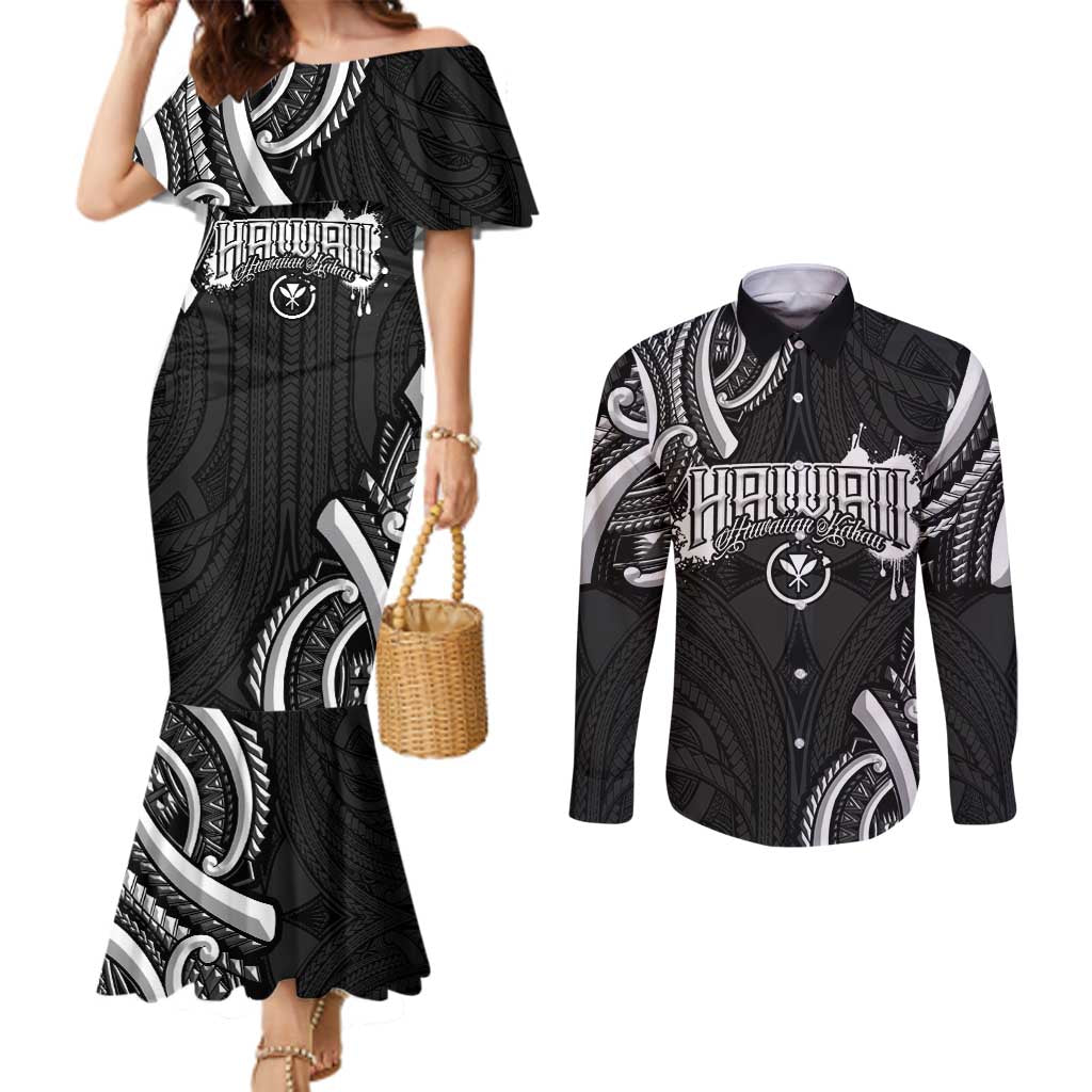 Traditional Art Hawaiian Kakau Tattoos Couples Matching Mermaid Dress and Long Sleeve Button Shirt White - Polynesian Pride