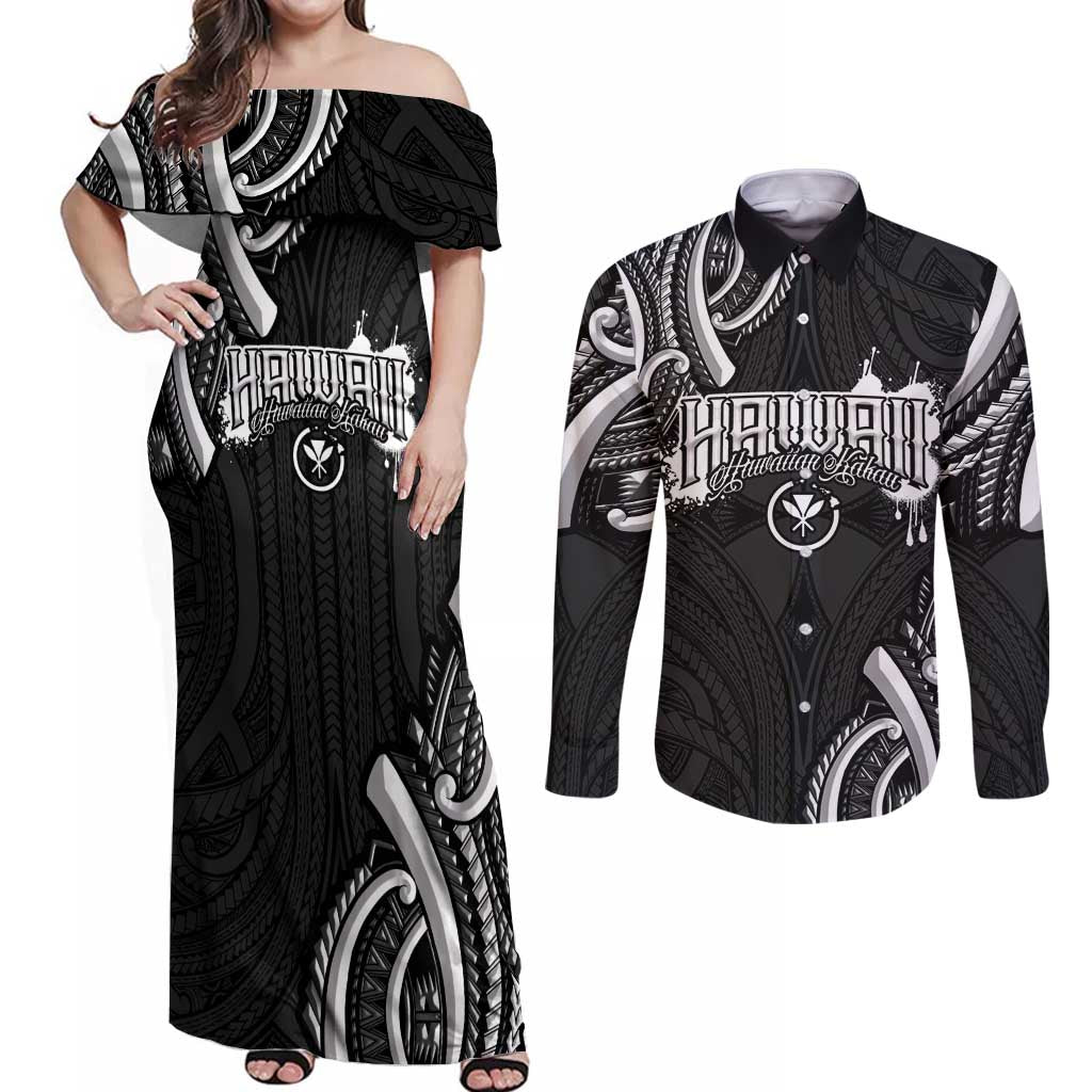 Traditional Art Hawaiian Kakau Tattoos Couples Matching Off Shoulder Maxi Dress and Long Sleeve Button Shirt White - Polynesian Pride