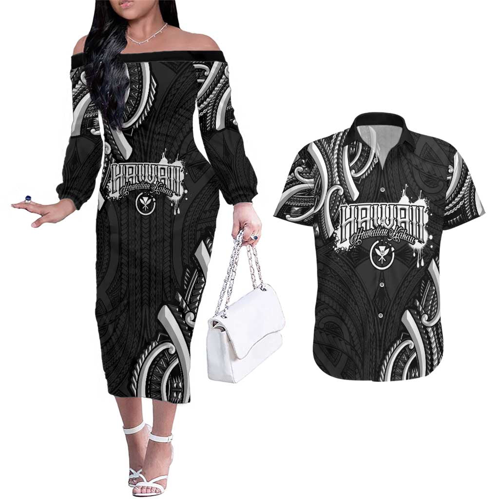 Traditional Art Hawaiian Kakau Tattoos Couples Matching Off The Shoulder Long Sleeve Dress and Hawaiian Shirt White - Polynesian Pride