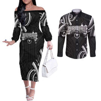 Traditional Art Hawaiian Kakau Tattoos Couples Matching Off The Shoulder Long Sleeve Dress and Long Sleeve Button Shirt White LT03 White - Polynesian Pride