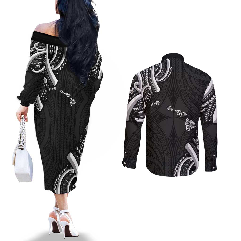 Traditional Art Hawaiian Kakau Tattoos Couples Matching Off The Shoulder Long Sleeve Dress and Long Sleeve Button Shirt White LT03 - Polynesian Pride
