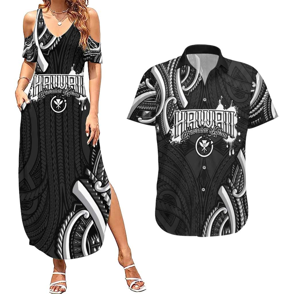 Traditional Art Hawaiian Kakau Tattoos Couples Matching Summer Maxi Dress and Hawaiian Shirt White LT03 White - Polynesian Pride