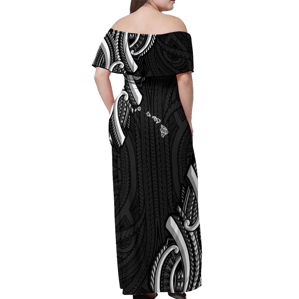 Traditional Art Hawaiian Kakau Tattoos Off Shoulder Maxi Dress White - Polynesian Pride