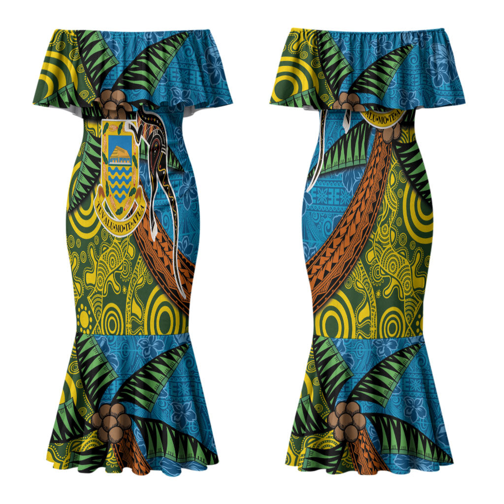 Tuvalu and Australia Together Couples Matching Mermaid Dress and Long Sleeve Button Shirt Tapa Pattern and Aboriginal mix Culture