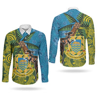 Tuvalu and Australia Together Couples Matching Puletasi and Long Sleeve Button Shirt Tapa Pattern and Aboriginal mix Culture