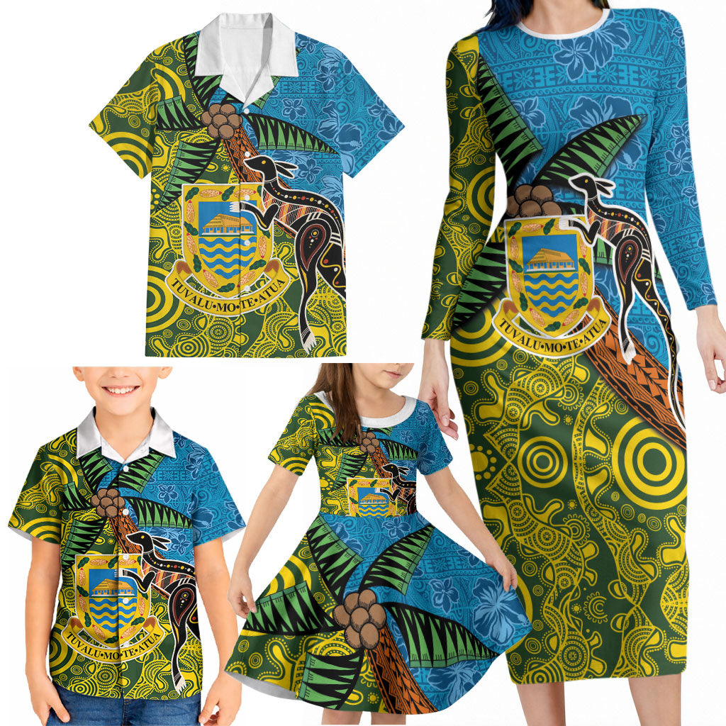 Tuvalu and Australia Together Family Matching Long Sleeve Bodycon Dress and Hawaiian Shirt Tapa Pattern and Aboriginal mix Culture