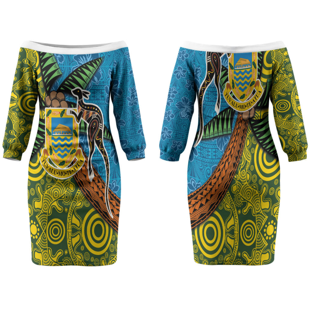 Tuvalu and Australia Together Family Matching Off The Shoulder Long Sleeve Dress and Hawaiian Shirt Tapa Pattern and Aboriginal mix Culture