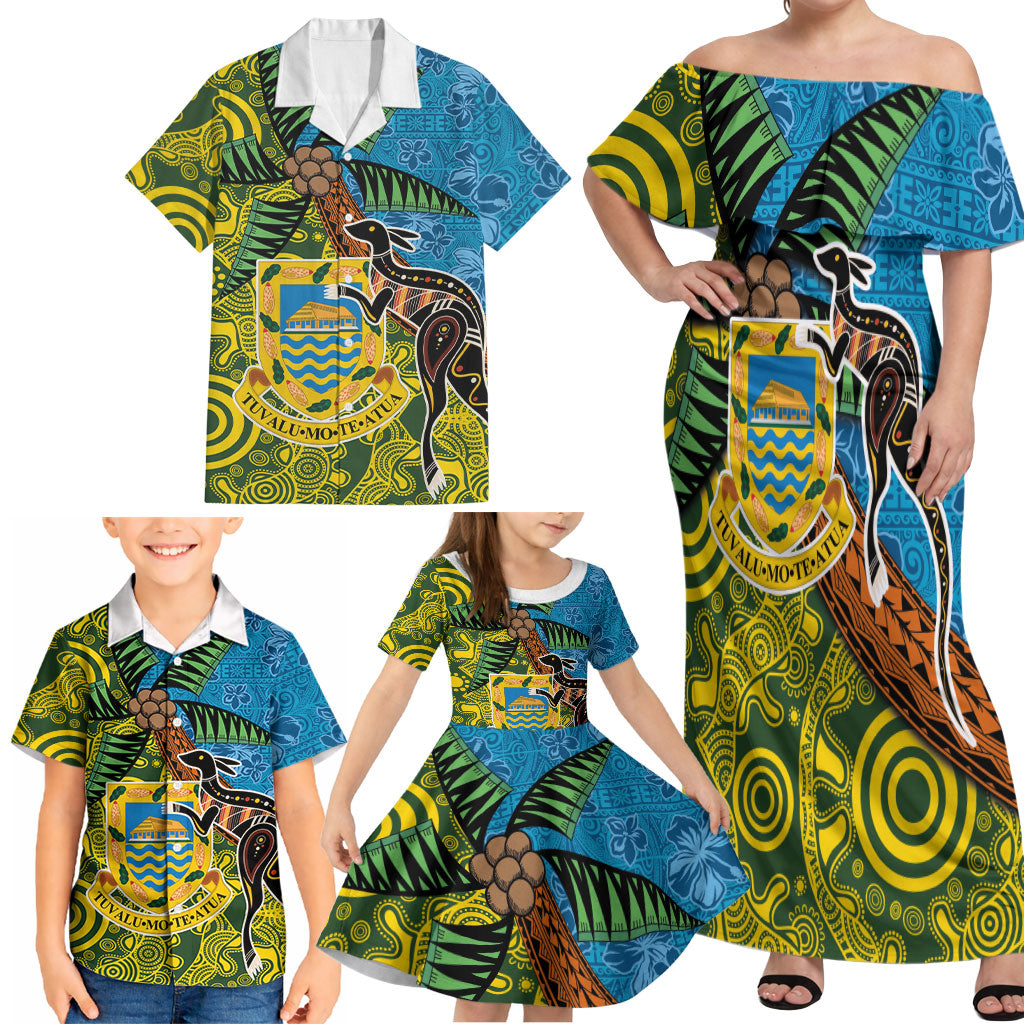 Tuvalu and Australia Together Family Matching Off Shoulder Maxi Dress and Hawaiian Shirt Tapa Pattern and Aboriginal mix Culture