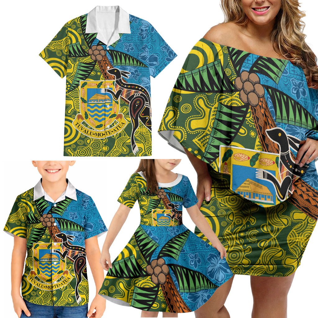 Tuvalu and Australia Together Family Matching Off Shoulder Short Dress and Hawaiian Shirt Tapa Pattern and Aboriginal mix Culture LT03 - Polynesian Pride