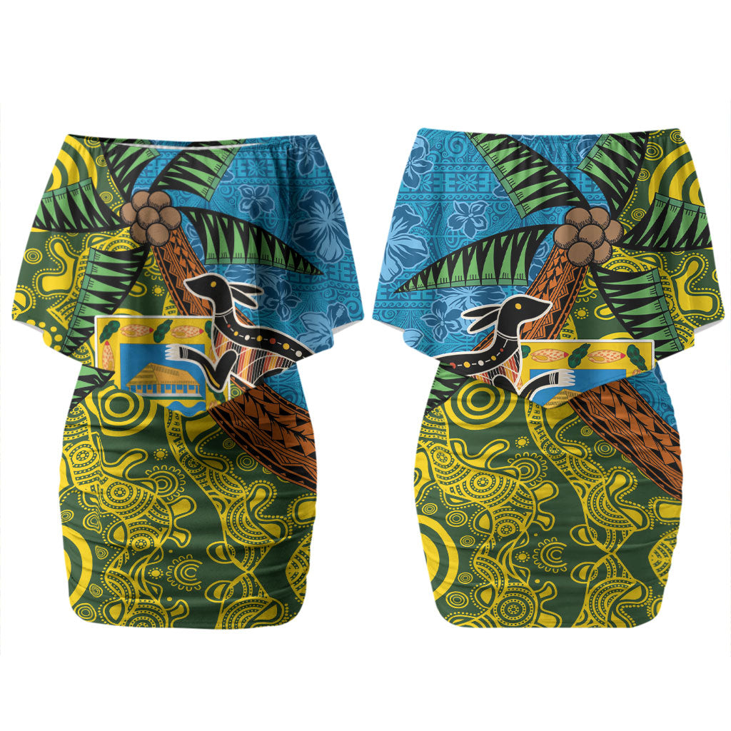 Tuvalu and Australia Together Family Matching Off Shoulder Short Dress and Hawaiian Shirt Tapa Pattern and Aboriginal mix Culture