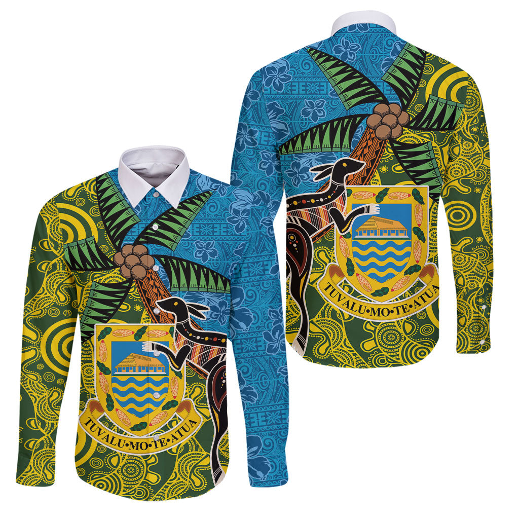 Tuvalu and Australia Together Family Matching Short Sleeve Bodycon Dress and Hawaiian Shirt Tapa Pattern and Aboriginal mix Culture
