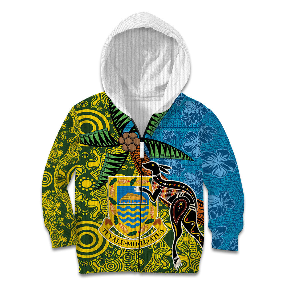 Tuvalu and Australia Together Kid Hoodie Tapa Pattern and Aboriginal mix Culture LT03 Zip Hoodie Multicolor - Polynesian Pride