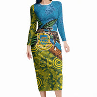 Tuvalu and Australia Together Long Sleeve Bodycon Dress Tapa Pattern and Aboriginal mix Culture