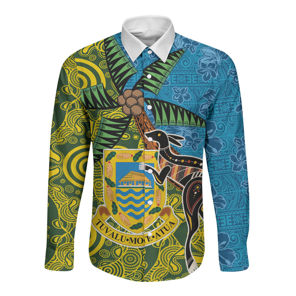 Tuvalu and Australia Together Long Sleeve Button Shirt Tapa Pattern and Aboriginal mix Culture LT03 Unisex Multicolor - Polynesian Pride