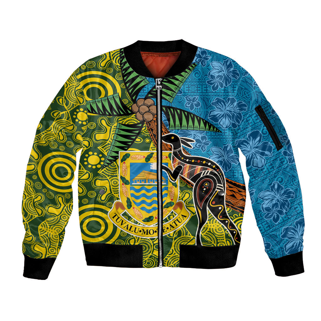 Tuvalu and Australia Together Sleeve Zip Bomber Jacket Tapa Pattern and Aboriginal mix Culture