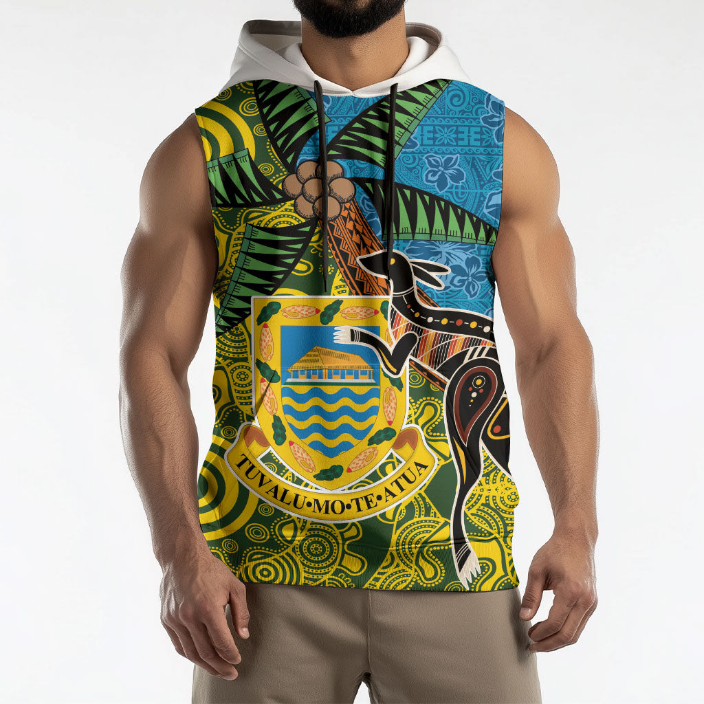 Tuvalu and Australia Together Sleeveless Hoodie Tapa Pattern and Aboriginal mix Culture