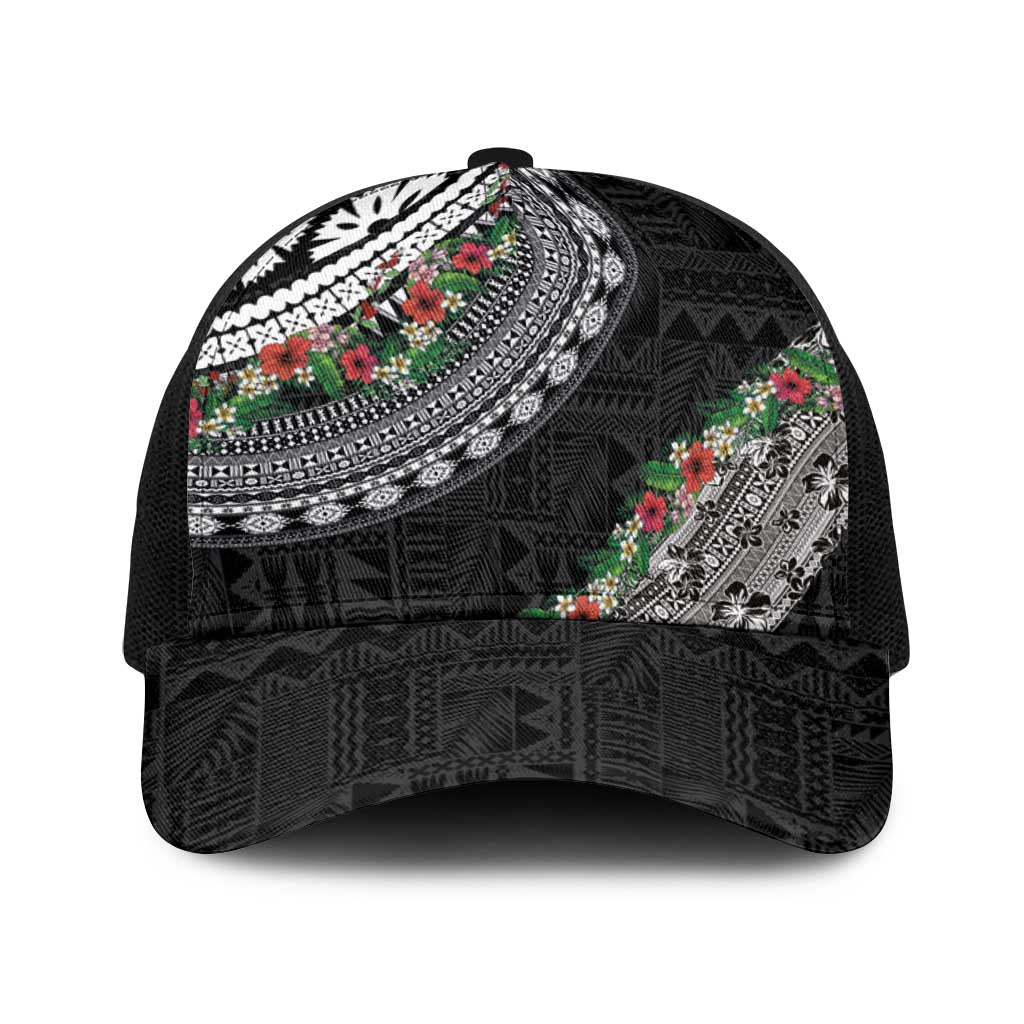 Fiji Hibiscus Baseball Net Cap Tapa Masi Motifs with Tropical Plants