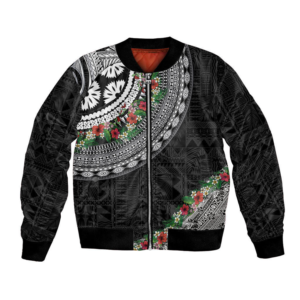 Fiji Hibiscus Bomber Jacket Tapa Masi Motifs with Tropical Plants