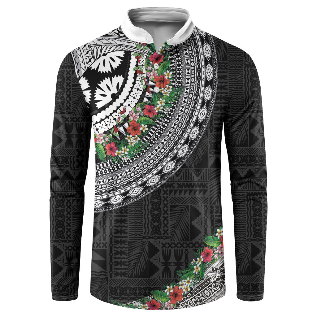 Fiji Hibiscus Button Sweatshirt Tapa Masi Motifs with Tropical Plants LT03 Black - Polynesian Pride