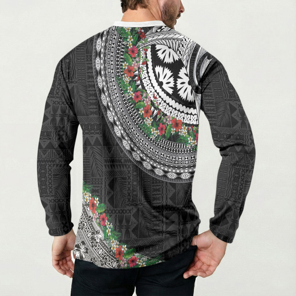 Fiji Hibiscus Button Sweatshirt Tapa Masi Motifs with Tropical Plants