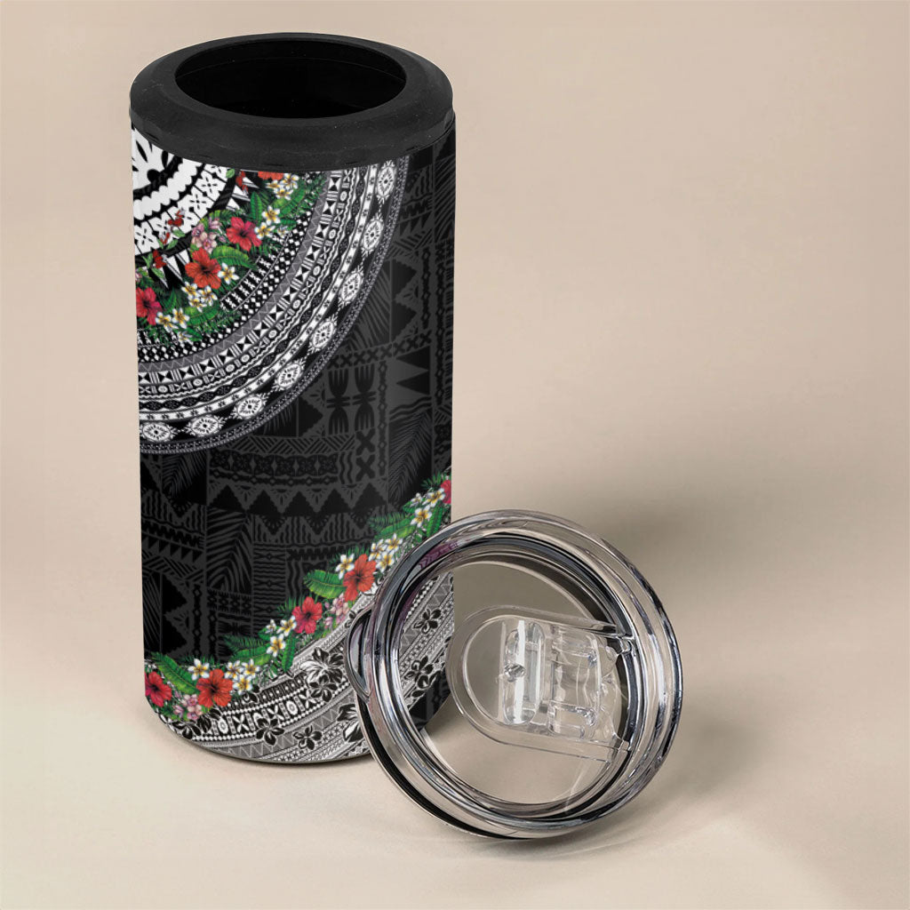 Fiji Hibiscus 4 in 1 Can Cooler Tumbler Tapa Masi Motifs with Tropical Plants