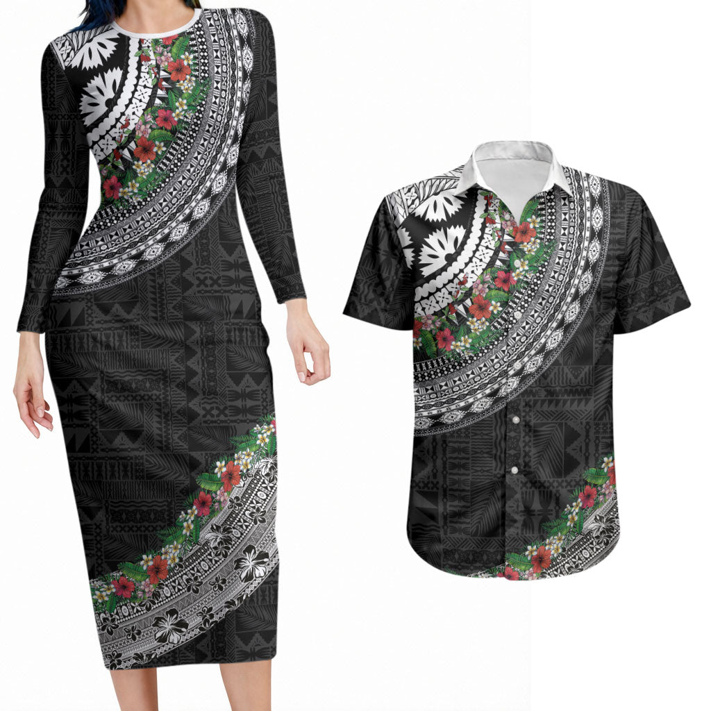 Fiji Hibiscus Couples Matching Long Sleeve Bodycon Dress and Hawaiian Shirt Tapa Masi Motifs with Tropical Plants