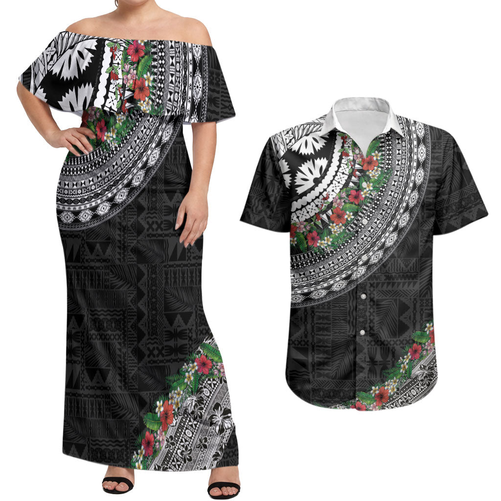 Fiji Hibiscus Couples Matching Off Shoulder Maxi Dress and Hawaiian Shirt Tapa Masi Motifs with Tropical Plants