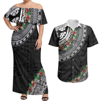 Fiji Hibiscus Couples Matching Off Shoulder Maxi Dress and Hawaiian Shirt Tapa Masi Motifs with Tropical Plants