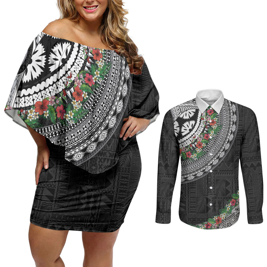 Fiji Hibiscus Couples Matching Off Shoulder Short Dress and Long Sleeve Button Shirt Tapa Masi Motifs with Tropical Plants