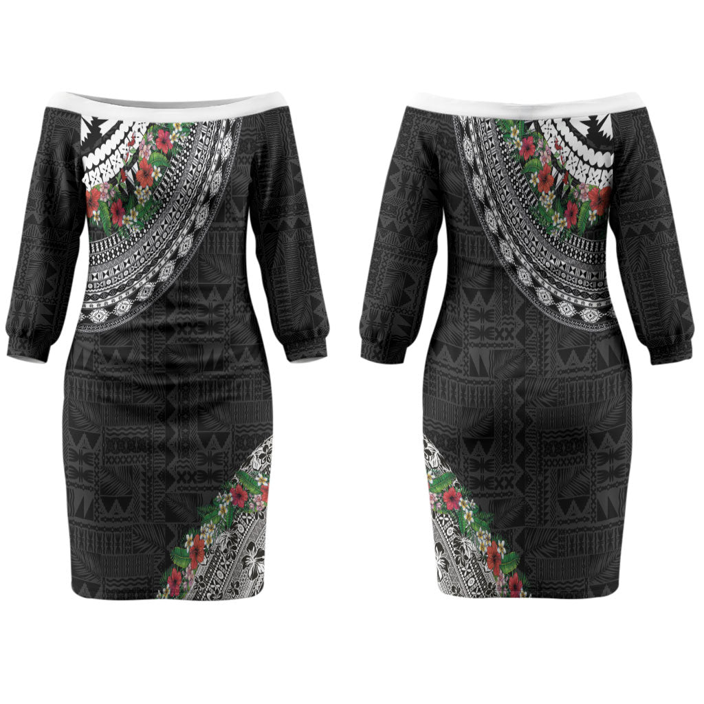 Fiji Hibiscus Couples Matching Off The Shoulder Long Sleeve Dress and Hawaiian Shirt Tapa Masi Motifs with Tropical Plants