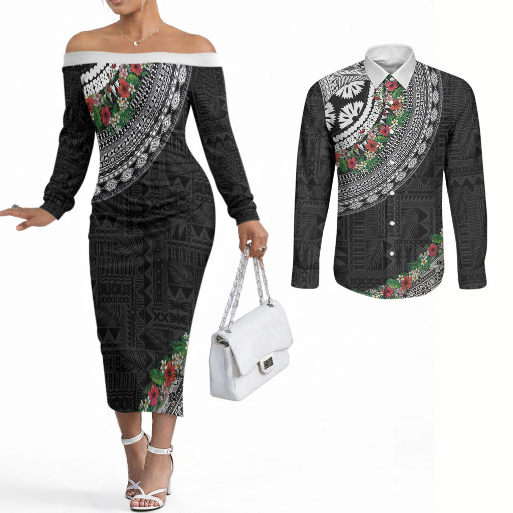Fiji Hibiscus Couples Matching Off The Shoulder Long Sleeve Dress and Long Sleeve Button Shirt Tapa Masi Motifs with Tropical Plants