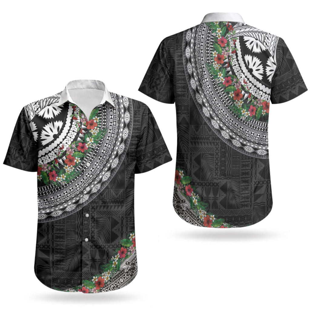 Fiji Hibiscus Couples Matching Puletasi and Hawaiian Shirt Tapa Masi Motifs with Tropical Plants