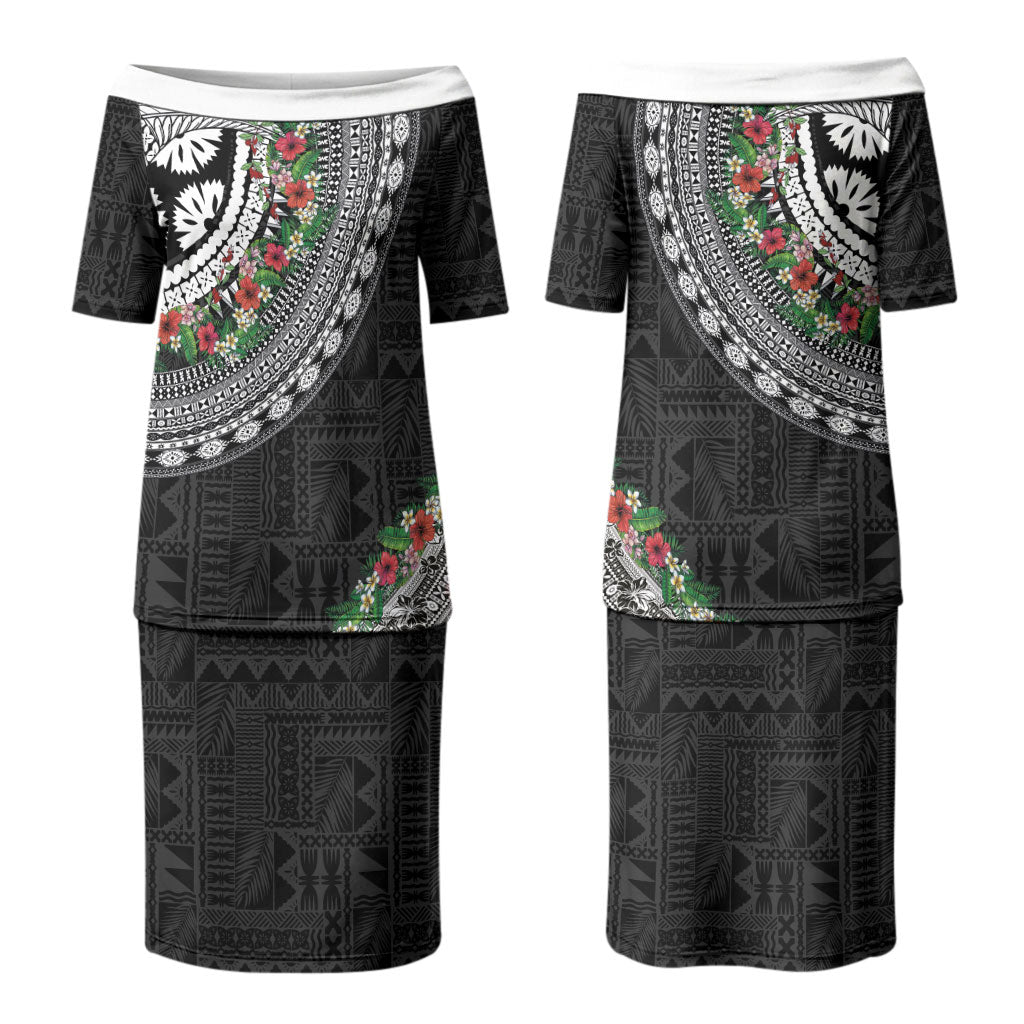 Fiji Hibiscus Couples Matching Puletasi and Long Sleeve Button Shirt Tapa Masi Motifs with Tropical Plants